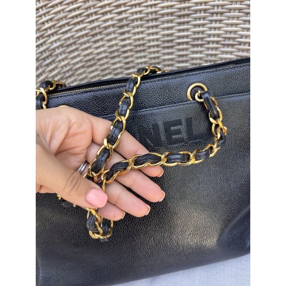 Authentic Chanel black caviar leather embroidered mini tote - Picture 4 of 16